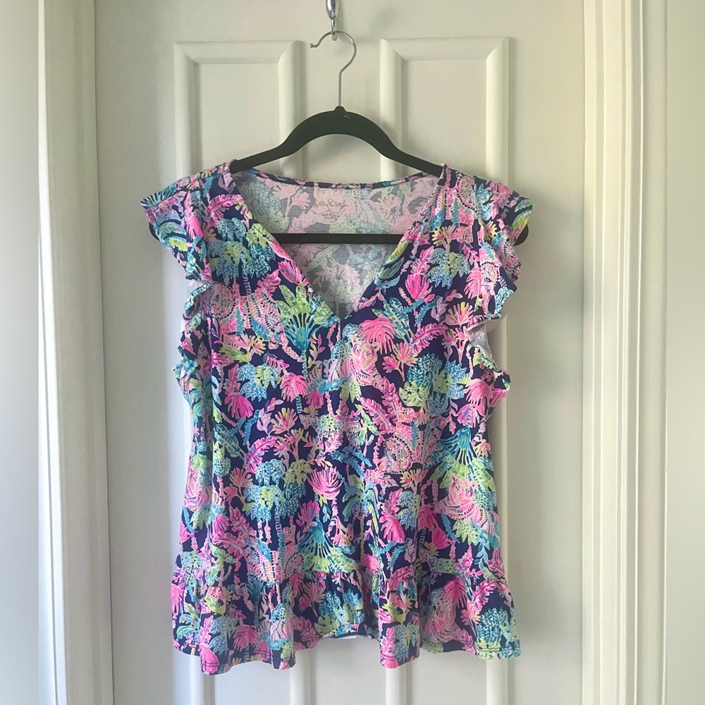 Lilly Pulitzer Ruffle Sleeve Peplum Top Tropical Print